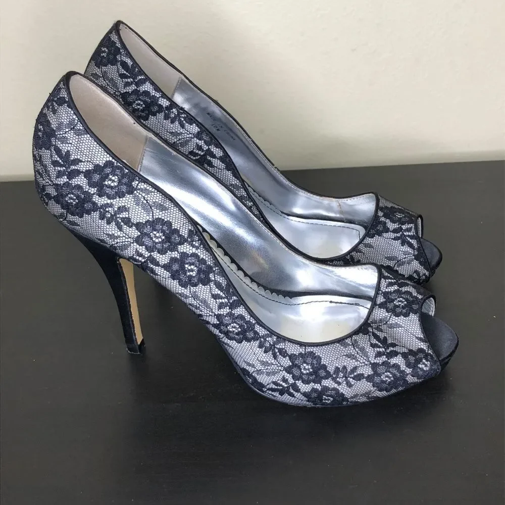 Joey Shoes Black Lace 4 1/2" Peep Toe Heels 10M - Picture 1 of 4
